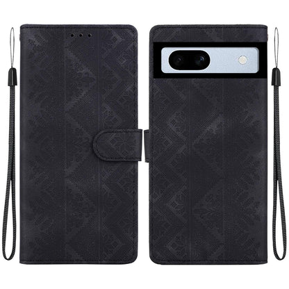 For Google Pixel 7a Ethnic Pattern Embossed Vegan Leather Phone Case - Black - EDA009978308F