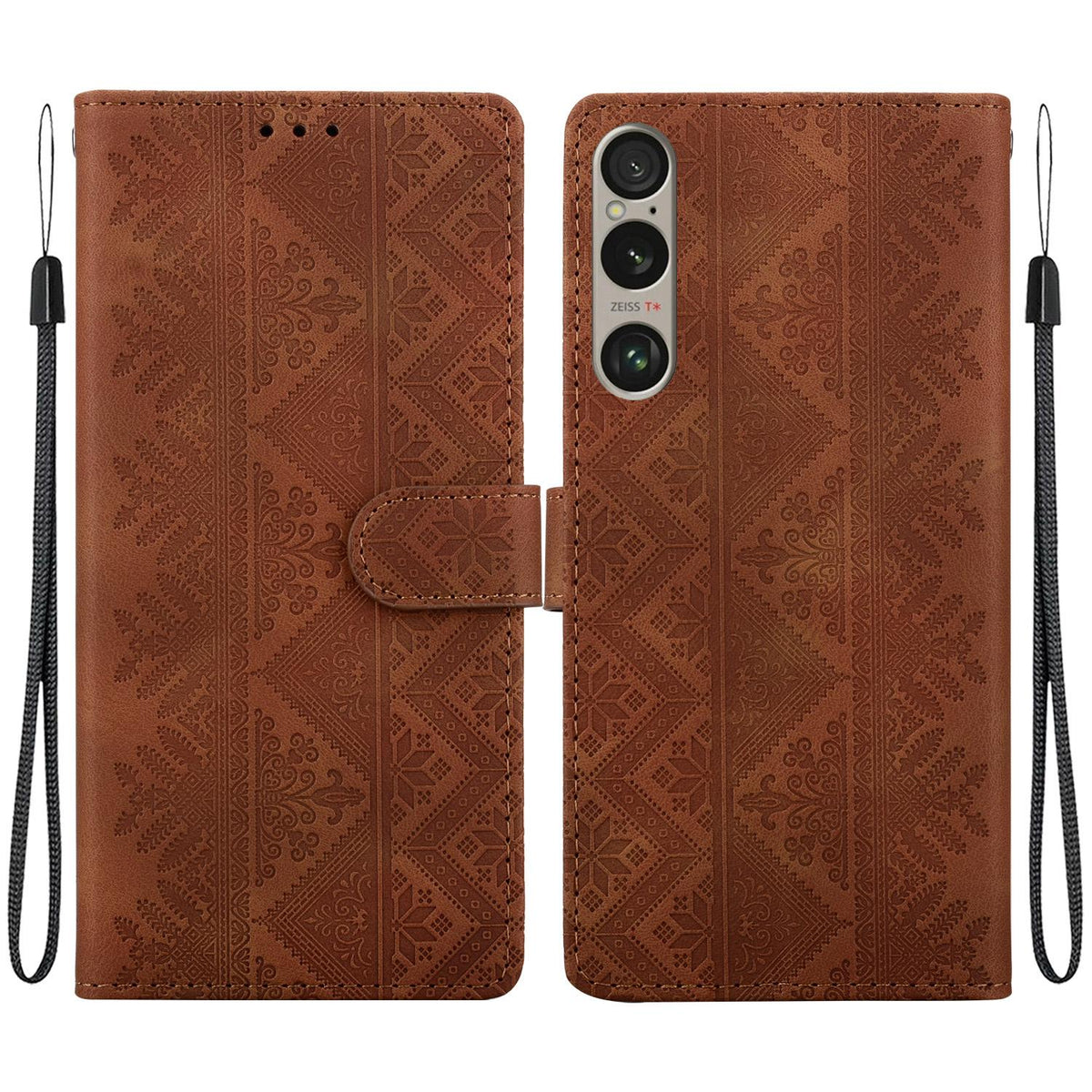 For Sony Xperia 1 VI Ethnic Pattern Embossed Vegan Leather Phone Case - Brown - EDA009978601A