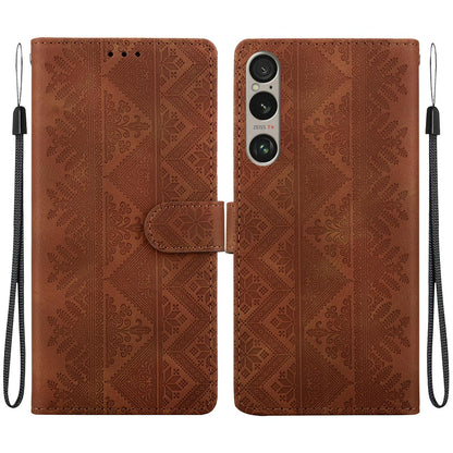 For Sony Xperia 1 VI Ethnic Pattern Embossed Vegan Leather Phone Case - Brown - EDA009978601A