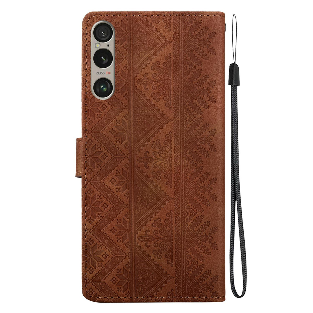 For Sony Xperia 1 VI Ethnic Pattern Embossed Vegan Leather Phone Case - Brown - EDA009978601A
