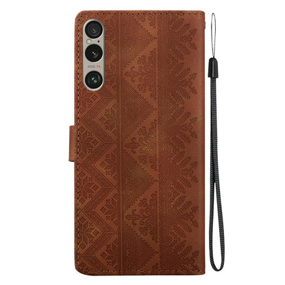 For Sony Xperia 1 VI Ethnic Pattern Embossed Vegan Leather Phone Case - Brown - EDA009978601A