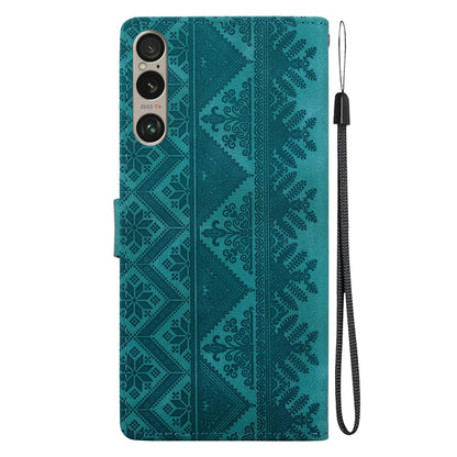 For Sony Xperia 1 VI Ethnic Pattern Embossed Vegan Leather Phone Case - Green - EDA009978601B
