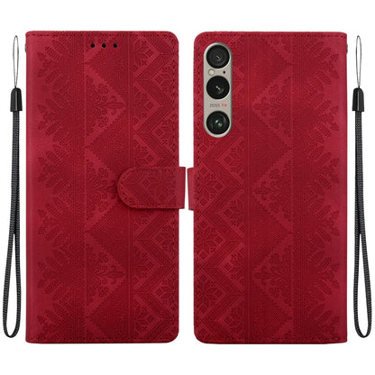 For Sony Xperia 1 VI Ethnic Pattern Embossed Vegan Leather Phone Case - Red - EDA009978601C