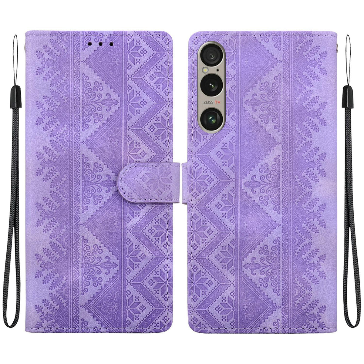 For Sony Xperia 1 VI Ethnic Pattern Embossed Vegan Leather Phone Case - Purple - EDA009978601D
