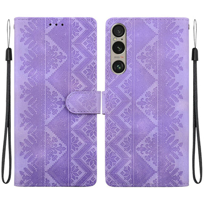 For Sony Xperia 1 VI Ethnic Pattern Embossed Vegan Leather Phone Case - Purple - EDA009978601D