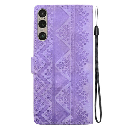 For Sony Xperia 1 VI Ethnic Pattern Embossed Vegan Leather Phone Case - Purple - EDA009978601D
