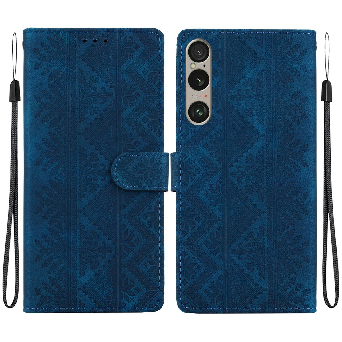For Sony Xperia 1 VI Ethnic Pattern Embossed Vegan Leather Phone Case - Dark Blue - EDA009978601E