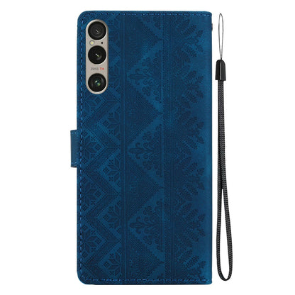 For Sony Xperia 1 VI Ethnic Pattern Embossed Vegan Leather Phone Case - Dark Blue - EDA009978601E