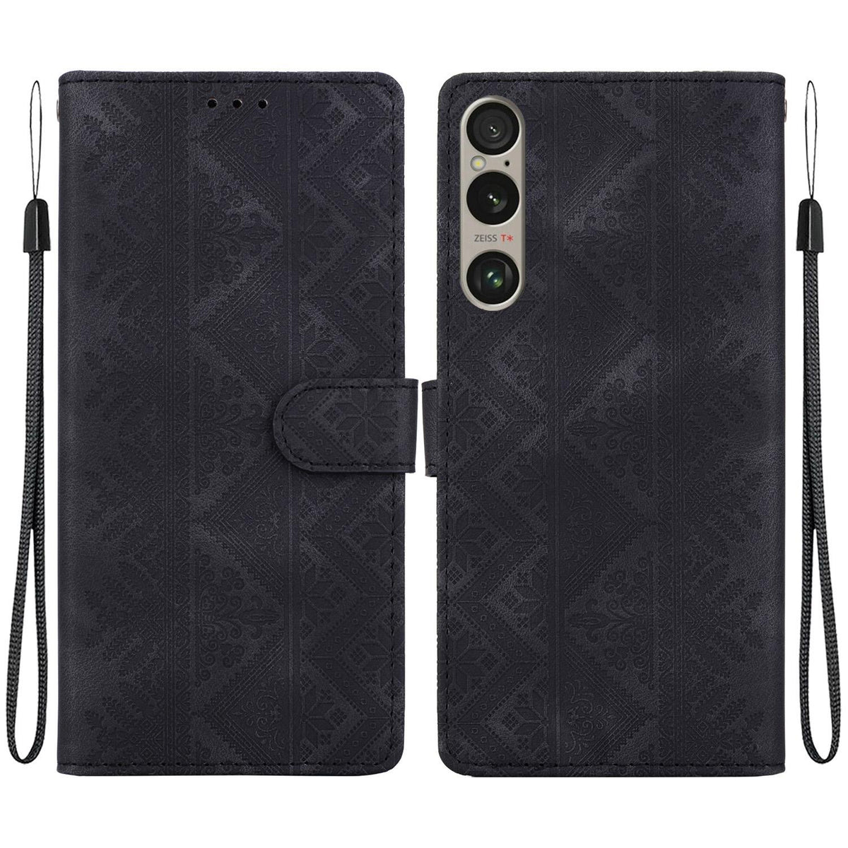 For Sony Xperia 1 VI Ethnic Pattern Embossed Vegan Leather Phone Case - Black - EDA009978601F