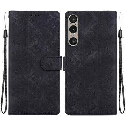 For Sony Xperia 1 VI Ethnic Pattern Embossed Vegan Leather Phone Case - Black - EDA009978601F