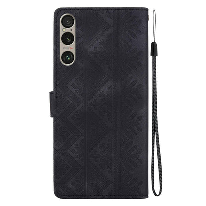 For Sony Xperia 1 VI Ethnic Pattern Embossed Vegan Leather Phone Case - Black - EDA009978601F