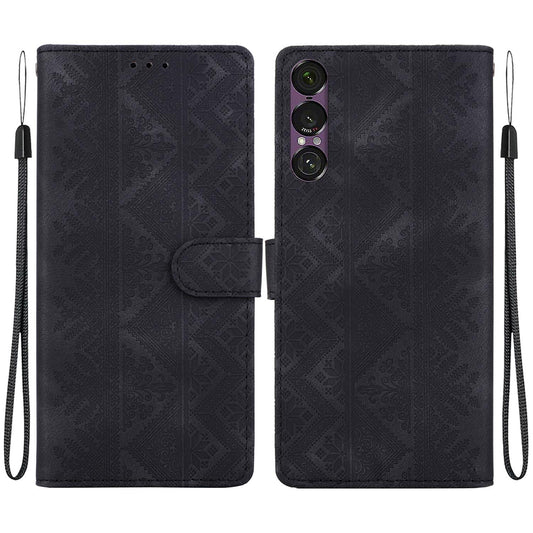 For Sony Xperia 1 VII Ethnic Pattern Embossed Vegan Leather Phone Case - Black - EDA009978602F