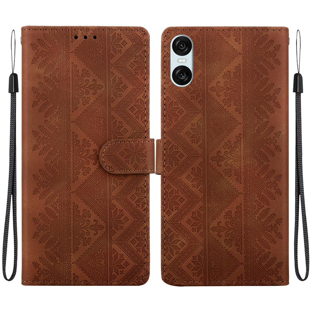 For Sony Xperia 10 VI Ethnic Pattern Embossed Vegan Leather Phone Case - Brown - EDA009978603A