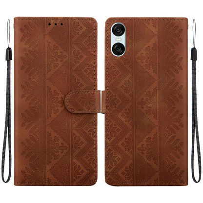 For Sony Xperia 10 VI Ethnic Pattern Embossed Vegan Leather Phone Case - Brown - EDA009978603A