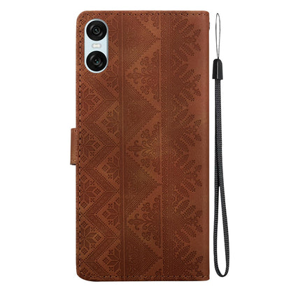 For Sony Xperia 10 VI Ethnic Pattern Embossed Vegan Leather Phone Case - Brown - EDA009978603A
