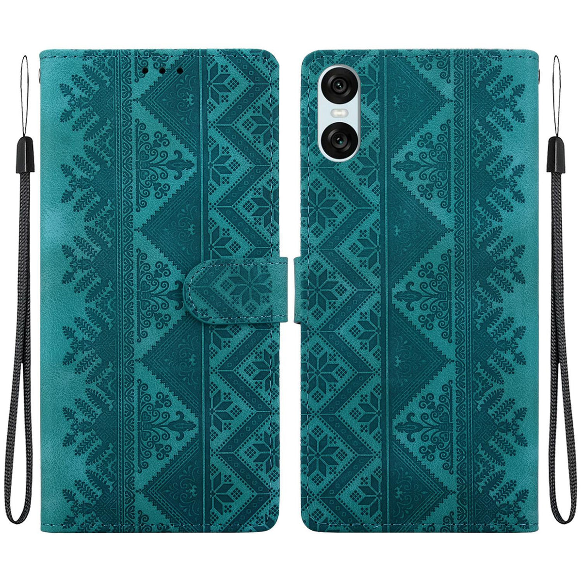 For Sony Xperia 10 VI Ethnic Pattern Embossed Vegan Leather Phone Case - Green - EDA009978603B