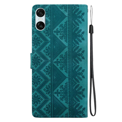 For Sony Xperia 10 VI Ethnic Pattern Embossed Vegan Leather Phone Case - Green - EDA009978603B