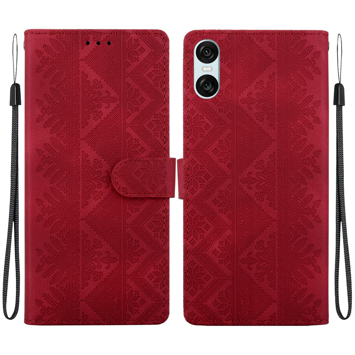 For Sony Xperia 10 VI Ethnic Pattern Embossed Vegan Leather Phone Case - Red - EDA009978603C