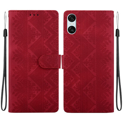 For Sony Xperia 10 VI Ethnic Pattern Embossed Vegan Leather Phone Case - Red - EDA009978603C
