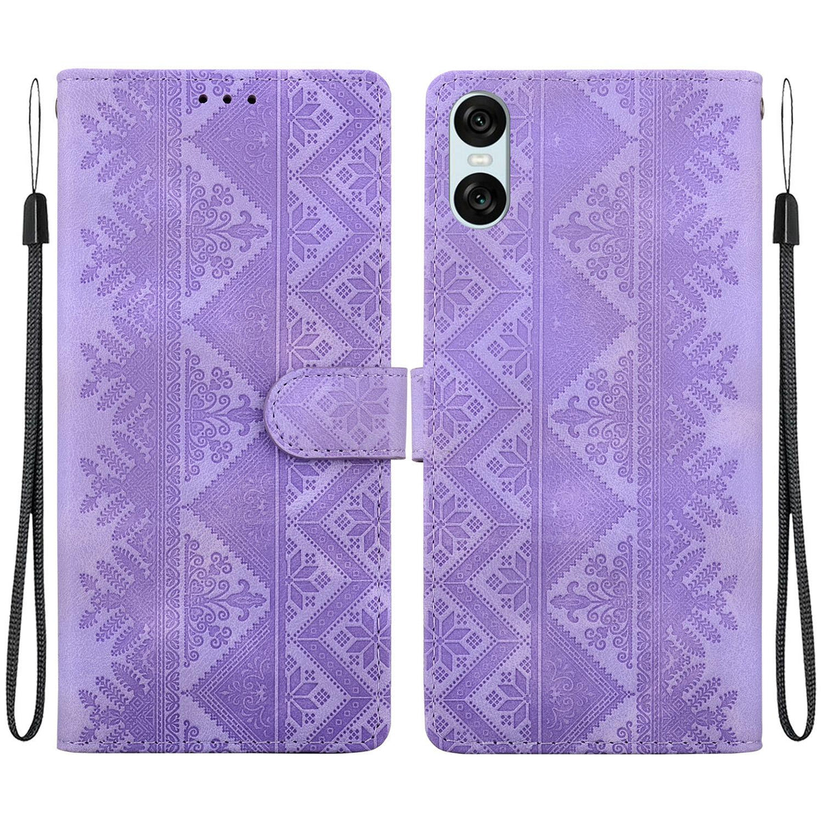 For Sony Xperia 10 VI Ethnic Pattern Embossed Vegan Leather Phone Case - Purple - EDA009978603D
