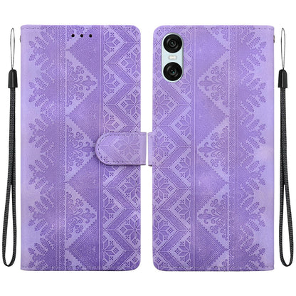 For Sony Xperia 10 VI Ethnic Pattern Embossed Vegan Leather Phone Case - Purple - EDA009978603D