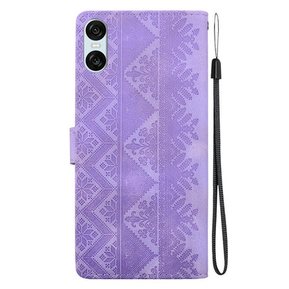 For Sony Xperia 10 VI Ethnic Pattern Embossed Vegan Leather Phone Case - Purple - EDA009978603D