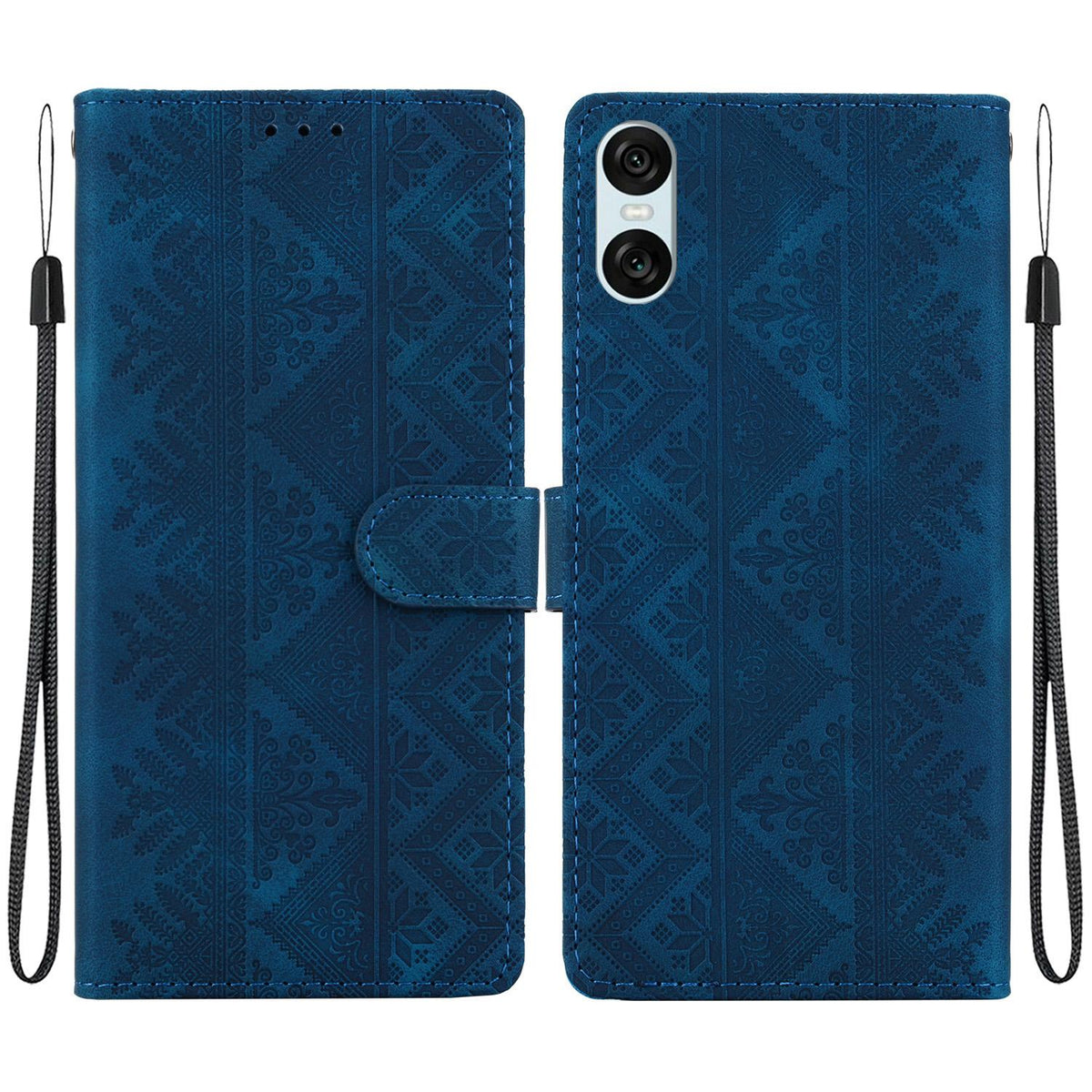 For Sony Xperia 10 VI Ethnic Pattern Embossed Vegan Leather Phone Case - Dark Blue - EDA009978603E
