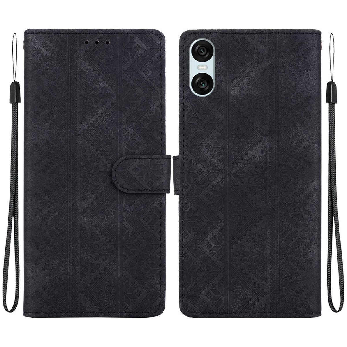 For Sony Xperia 10 VI Ethnic Pattern Embossed Vegan Leather Phone Case - Black - EDA009978603F