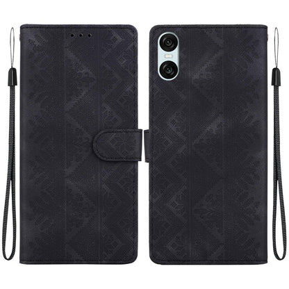 For Sony Xperia 10 VI Ethnic Pattern Embossed Vegan Leather Phone Case - Black - EDA009978603F