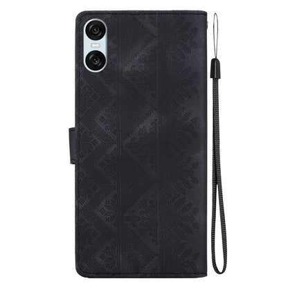 For Sony Xperia 10 VI Ethnic Pattern Embossed Vegan Leather Phone Case - Black - EDA009978603F