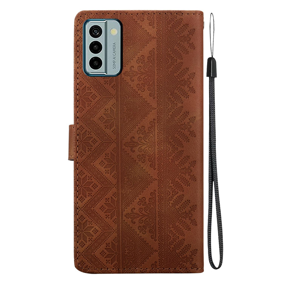 For Nokia G22 Ethnic Pattern Embossed Vegan Leather Phone Case - Brown - EDA009978701A
