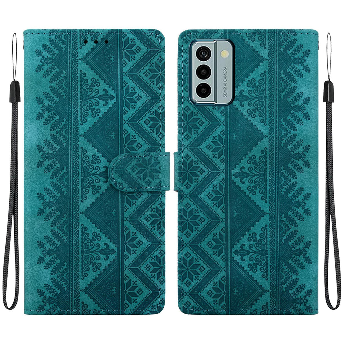 For Nokia G22 Ethnic Pattern Embossed Vegan Leather Phone Case - Green - EDA009978701B
