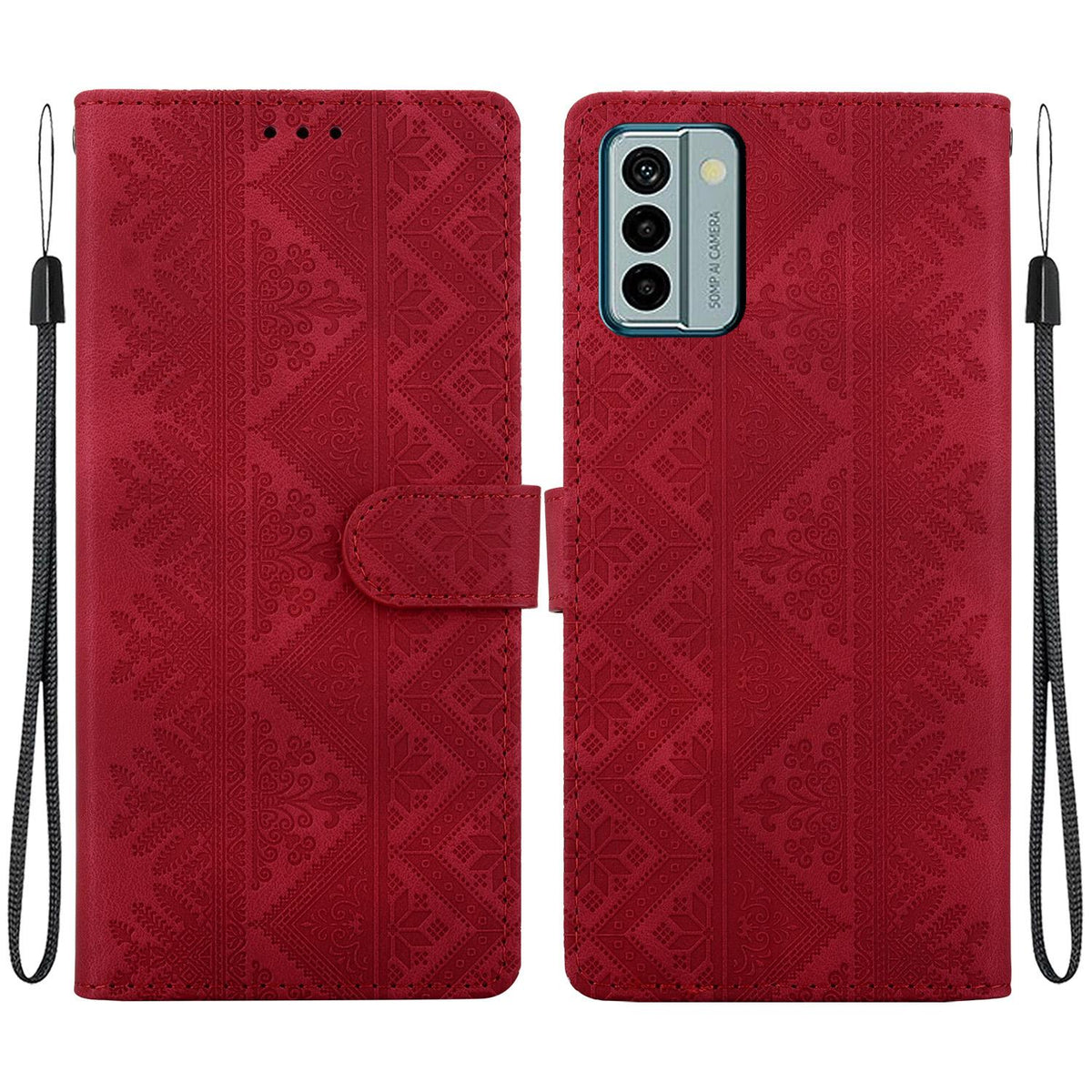 For Nokia G22 Ethnic Pattern Embossed Vegan Leather Phone Case - Red - EDA009978701C