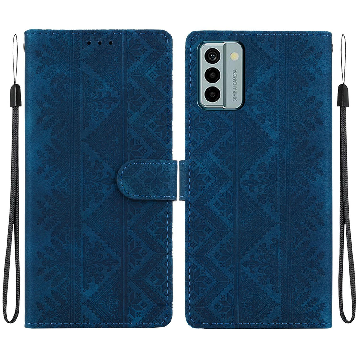 For Nokia G22 Ethnic Pattern Embossed Vegan Leather Phone Case - Dark Blue - EDA009978701E
