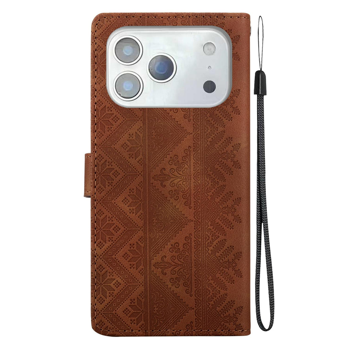 For iPhone 18 Pro Max Ethnic Pattern Embossed Vegan Leather Phone Case - Brown - EDA009979001A