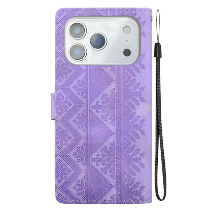 For iPhone 18 Pro Max Ethnic Pattern Embossed Vegan Leather Phone Case - Purple - EDA009979001D