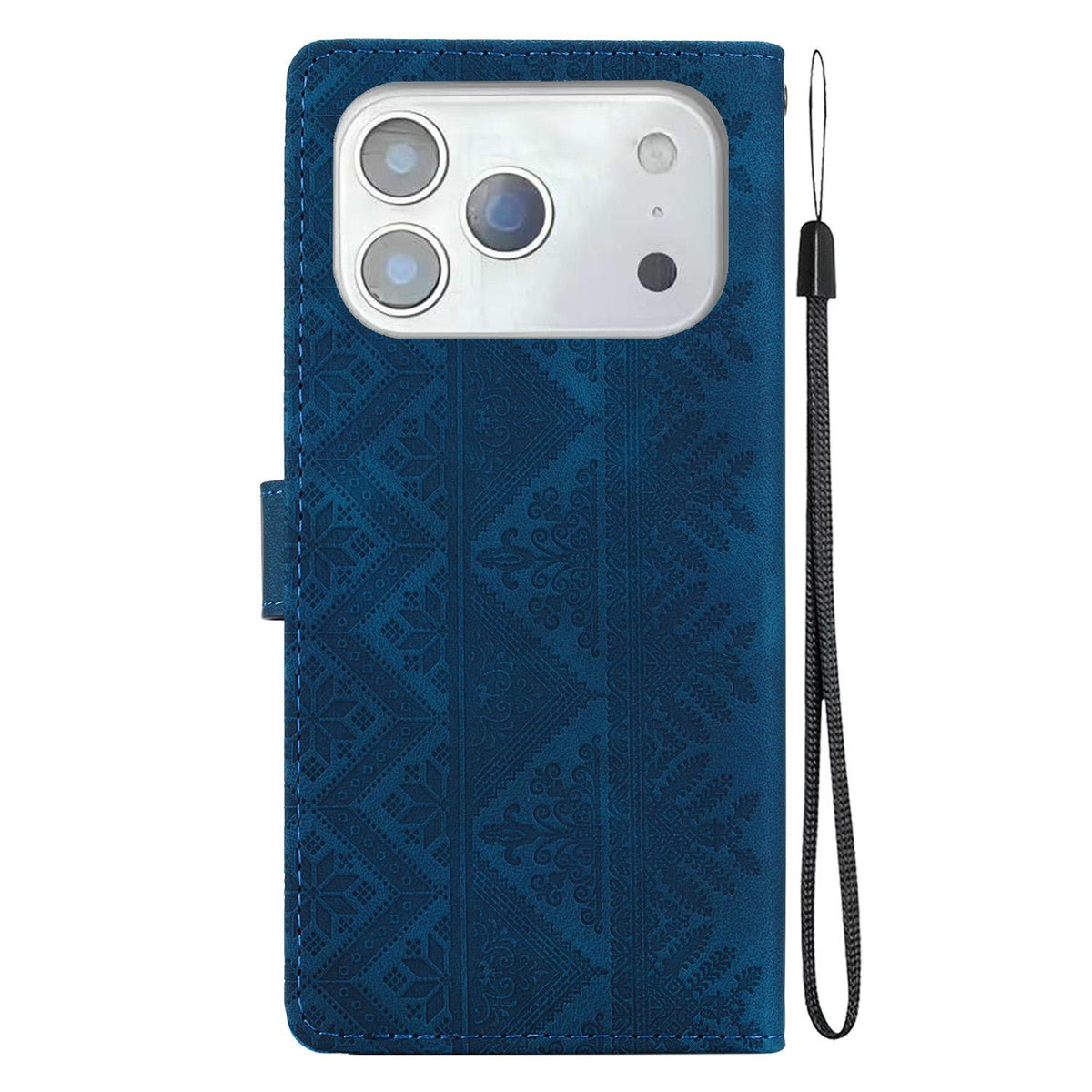 For iPhone 18 Pro Max Ethnic Pattern Embossed Vegan Leather Phone Case - Dark Blue - EDA009979001E