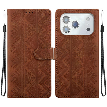 For iPhone 18 Pro Ethnic Pattern Embossed Vegan Leather Phone Case - Brown - EDA009979002A