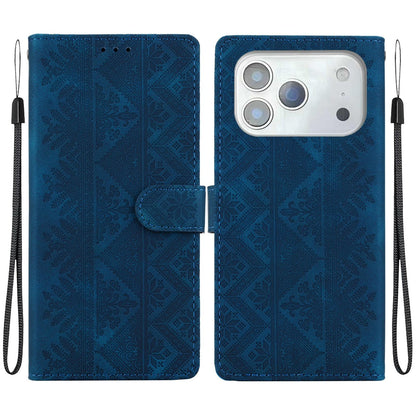 For iPhone 18 Pro Ethnic Pattern Embossed Vegan Leather Phone Case - Dark Blue - EDA009979002E
