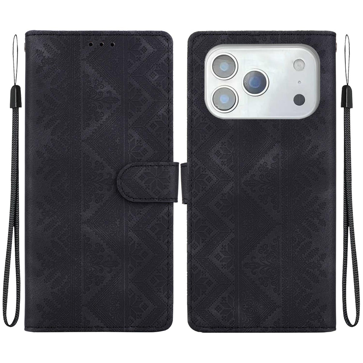 For iPhone 18 Pro Ethnic Pattern Embossed Vegan Leather Phone Case - Black - EDA009979002F