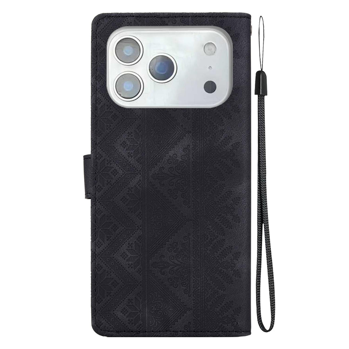 For iPhone 18 Pro Ethnic Pattern Embossed Vegan Leather Phone Case - Black - EDA009979002F