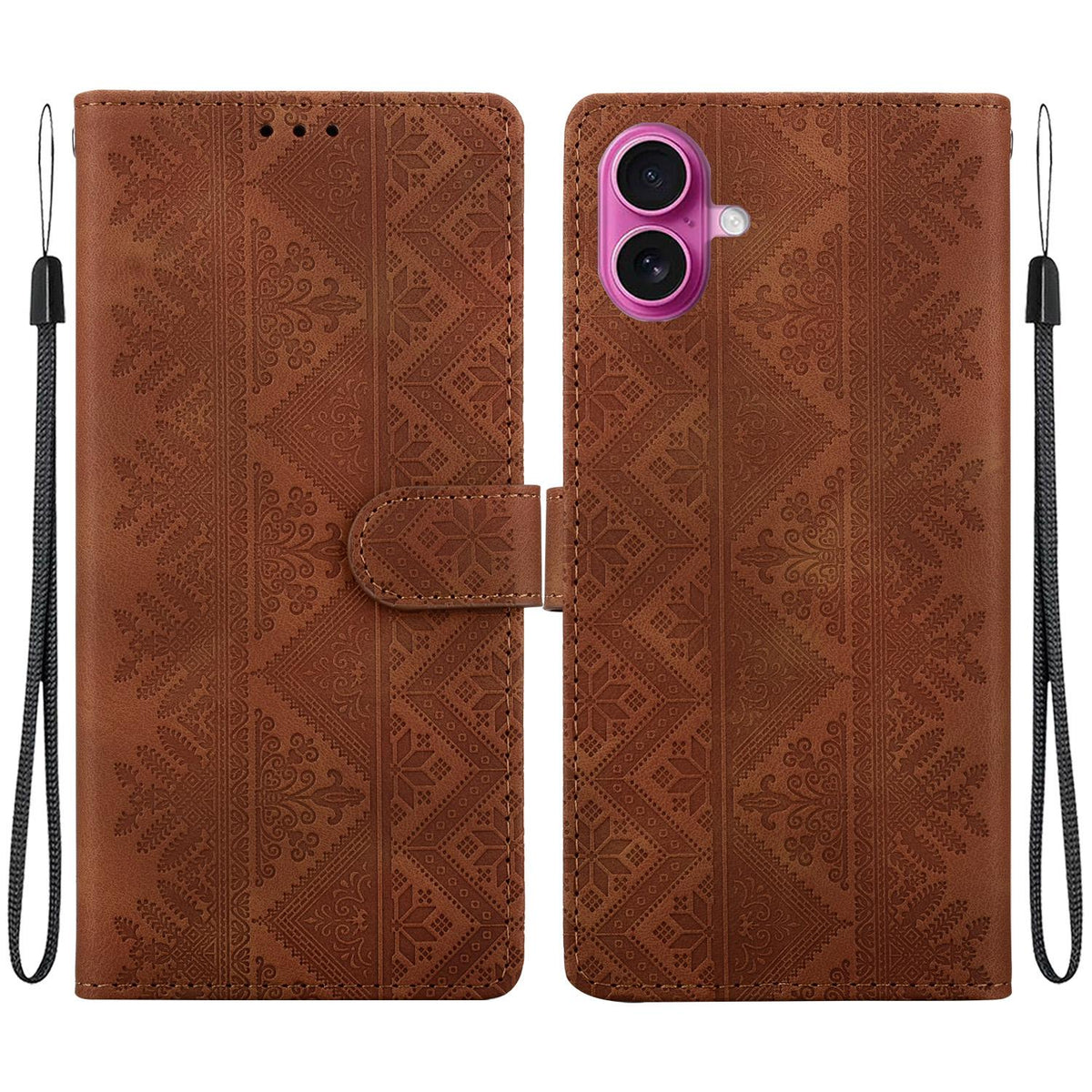 For iPhone 17 Ethnic Pattern Embossed Vegan Leather Phone Case - Brown - EDA009979003A