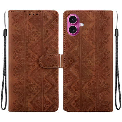 For iPhone 17 Ethnic Pattern Embossed Vegan Leather Phone Case - Brown - EDA009979003A