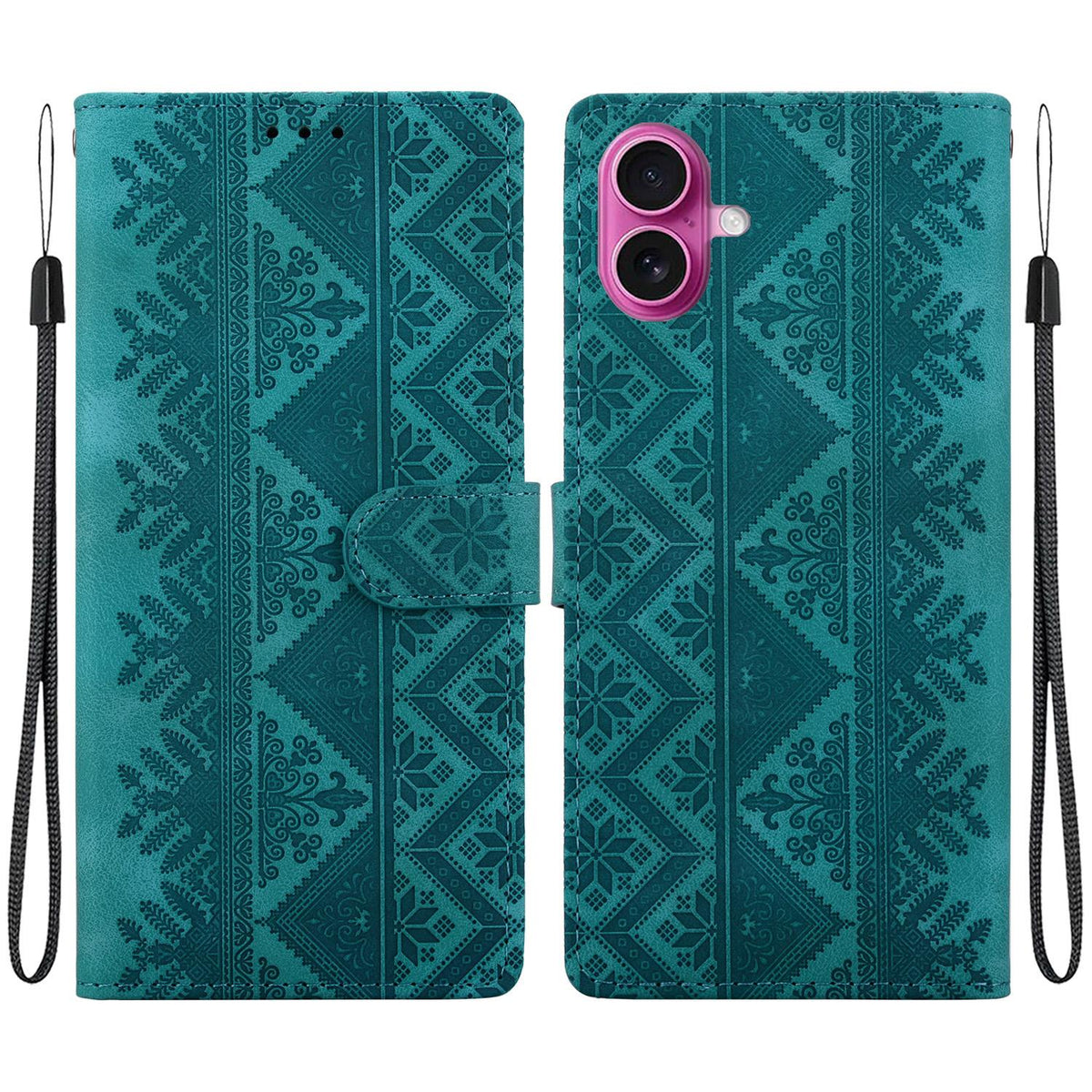 For iPhone 17 Ethnic Pattern Embossed Vegan Leather Phone Case - Green - EDA009979003B