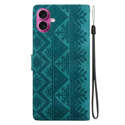 For iPhone 17 Ethnic Pattern Embossed Vegan Leather Phone Case - Green - EDA009979003B