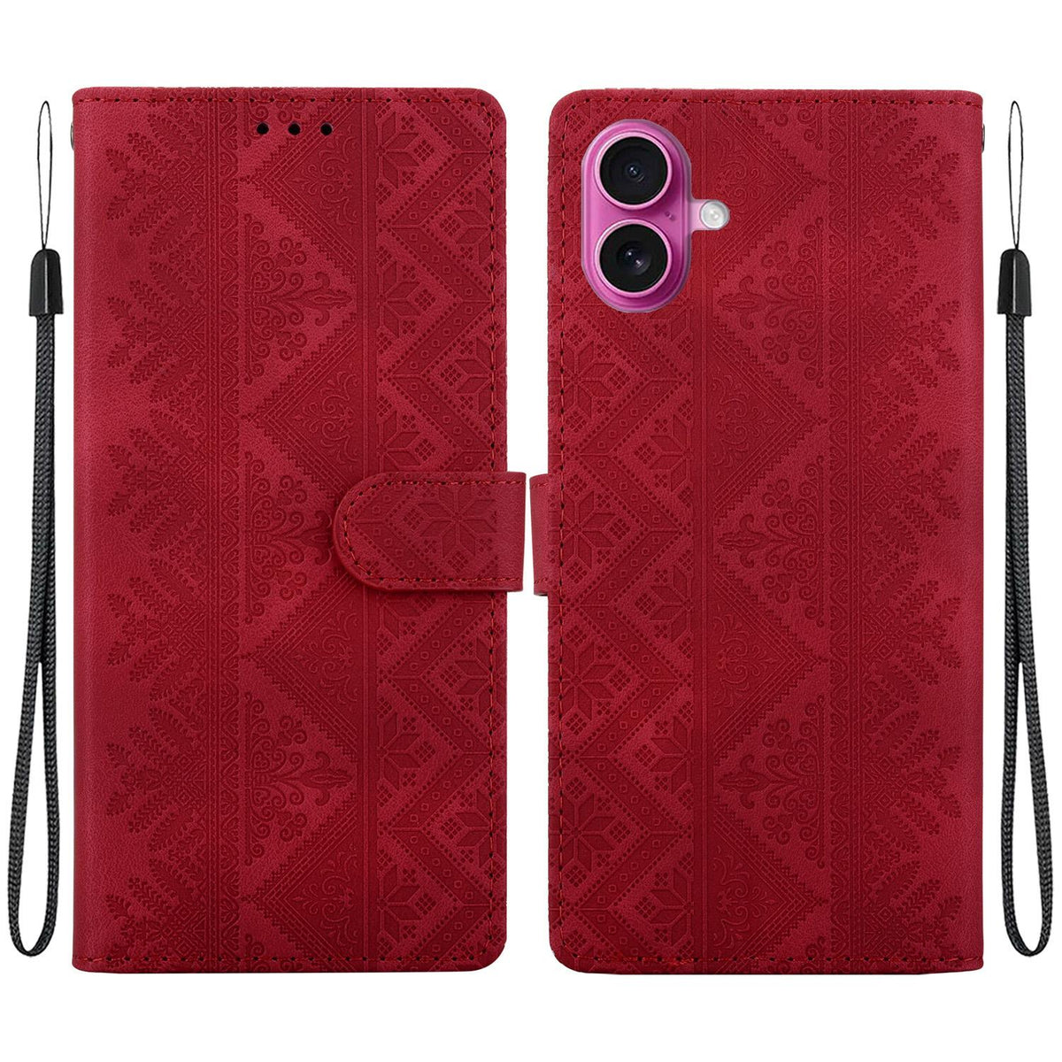 For iPhone 17 Ethnic Pattern Embossed Vegan Leather Phone Case - Red - EDA009979003C
