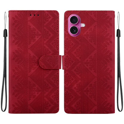 For iPhone 17 Ethnic Pattern Embossed Vegan Leather Phone Case - Red - EDA009979003C