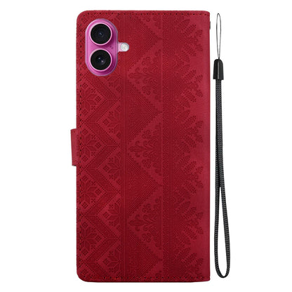 For iPhone 17 Ethnic Pattern Embossed Vegan Leather Phone Case - Red - EDA009979003C