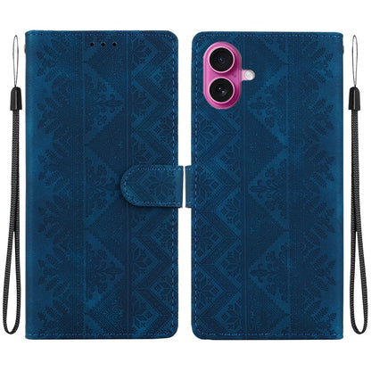 For iPhone 17 Ethnic Pattern Embossed Vegan Leather Phone Case - Dark Blue - EDA009979003E