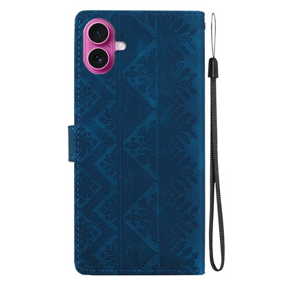 For iPhone 17 Ethnic Pattern Embossed Vegan Leather Phone Case - Dark Blue - EDA009979003E